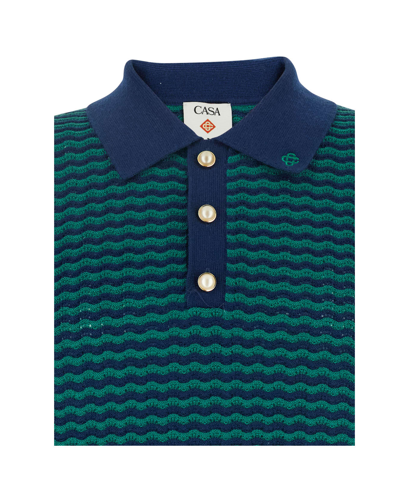 Casablanca 
mini Wave
 Blue Polo Shirt With Logo Embroidery On The Collar And All-over Striped Motif In Wool Man - Blu