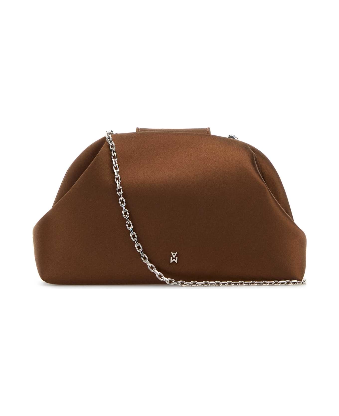Amina Muaddi Brown Satin Camelia Clutch - SATINMOCHASILVERHARDWARE