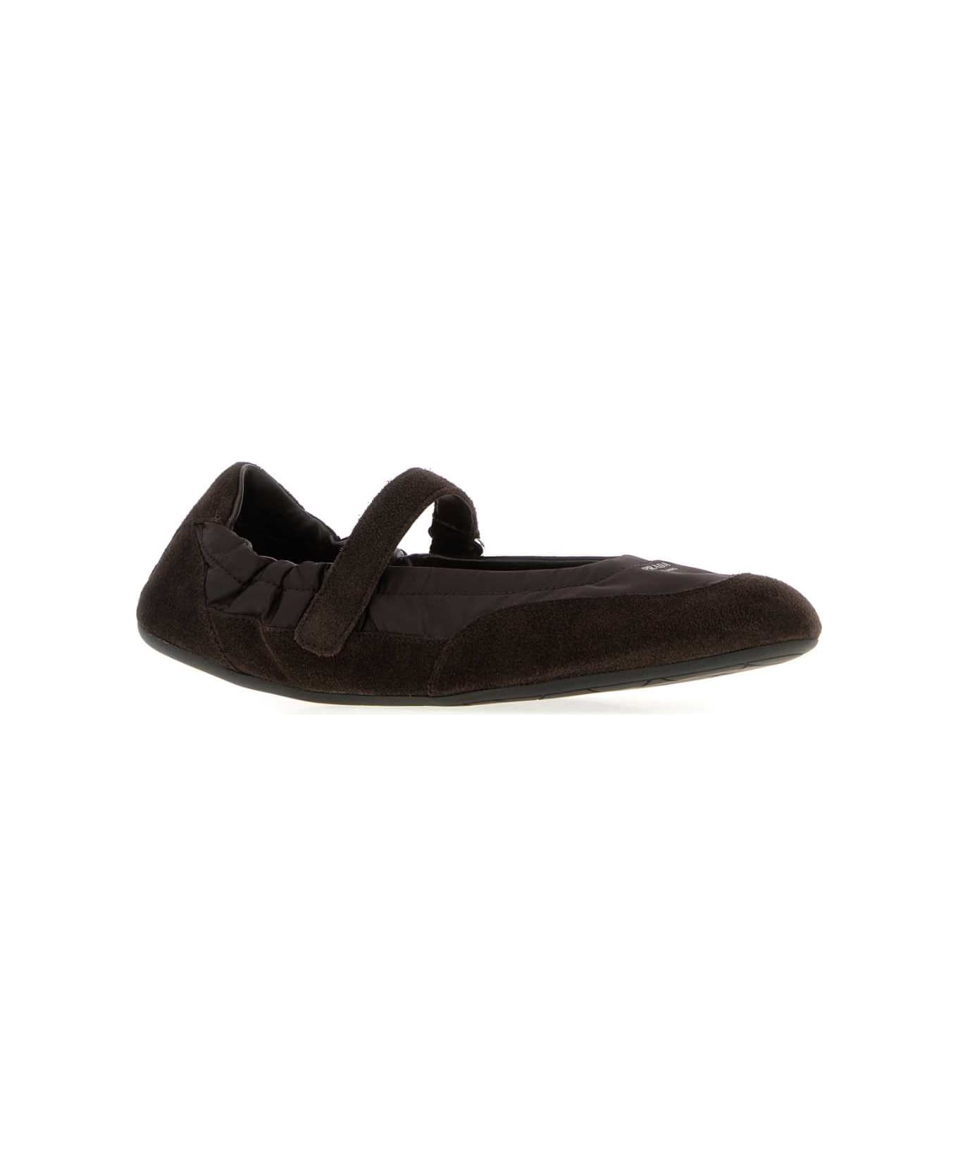 Prada Dark Brown Re-nylon And Suede Ballerinas - CAFFE

