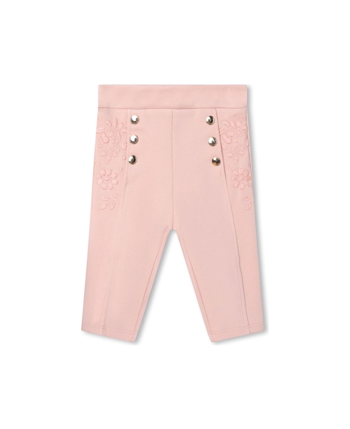 Chloé Pink Trousers With Buttons And Tonal Embroideries In Cotton Blend Baby - Pink
