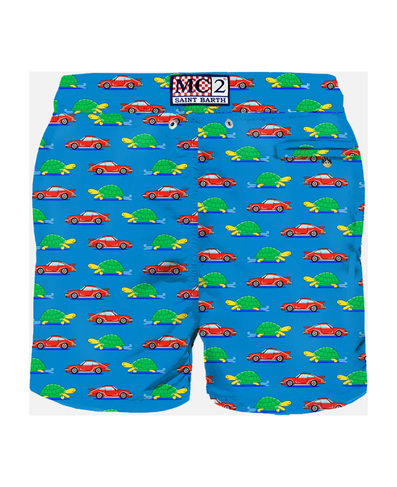 MC2 Saint Barth Man Light Fabric Swim Shorts With Turtle And Car Print - BLUE