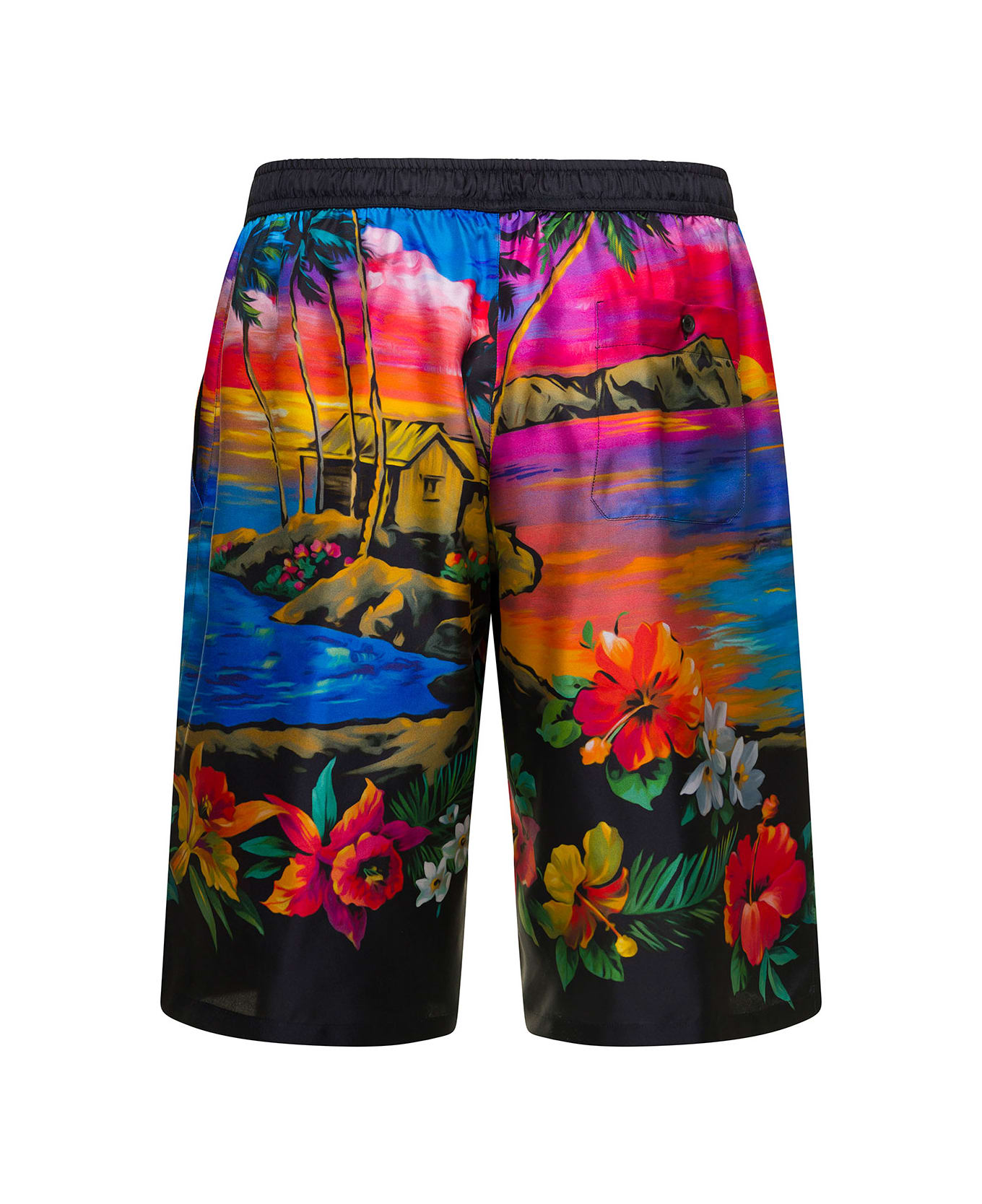 Dolce & Gabbana Multicolor Bermuda Shorts With All-over Hawaiian Print And Drawstrig In Silk Man - Multicolor