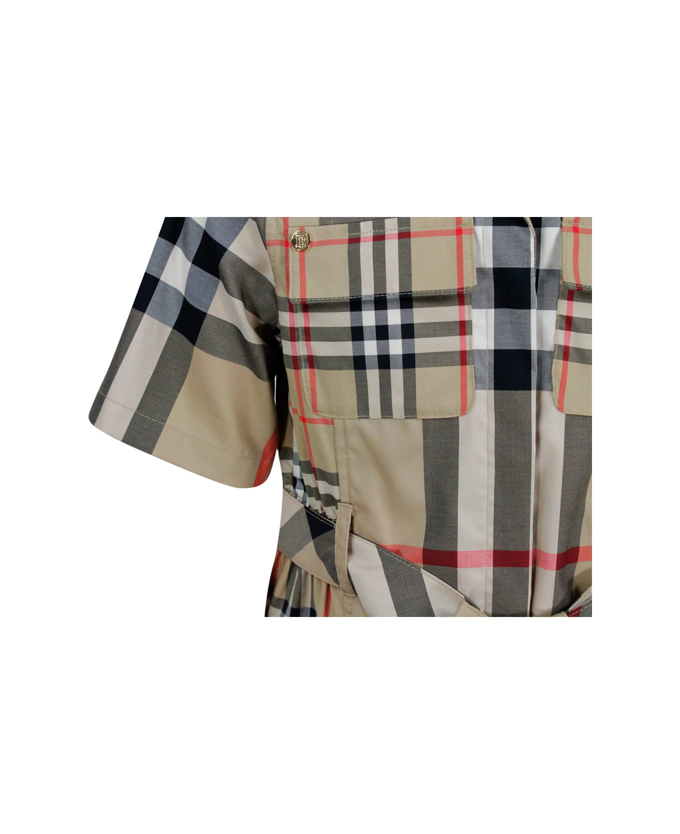 Burberry Short-sleeved Cotton Dress With Tartan Check Pattern And Button Closure On The Front - Beige ワンピース＆ドレス