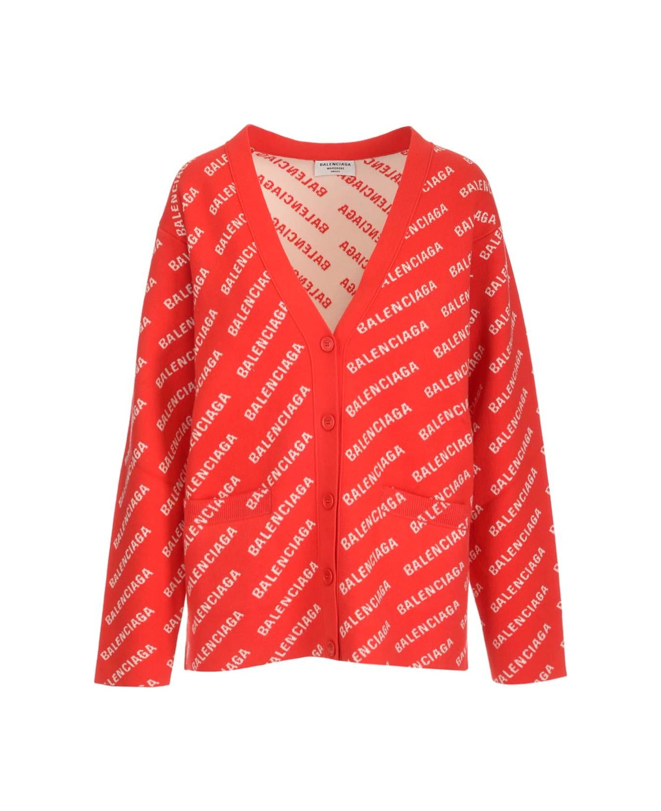 Balenciaga All Over Logo Printed Knitted Cardigan - RED WHITE