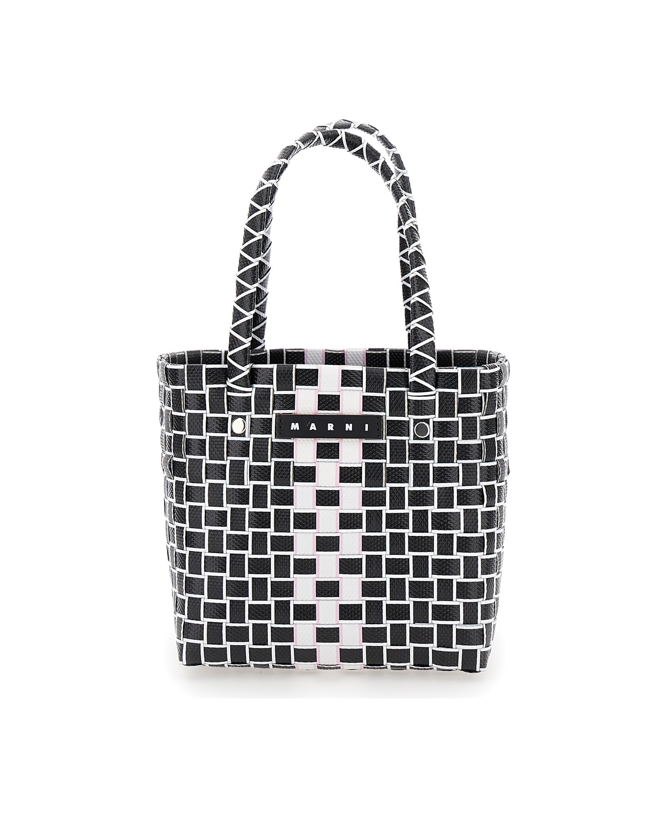 Marni 'basket' Black And White Handbag With Logo Plaque In Woven Material Girl - White/black