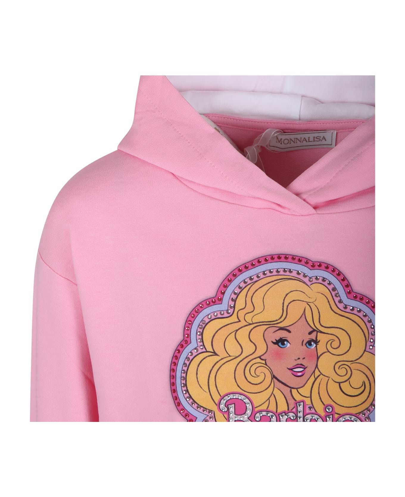 Monnalisa Pink Sweatshirt For Girl With Barbie Print And Rhinestone - Pink
