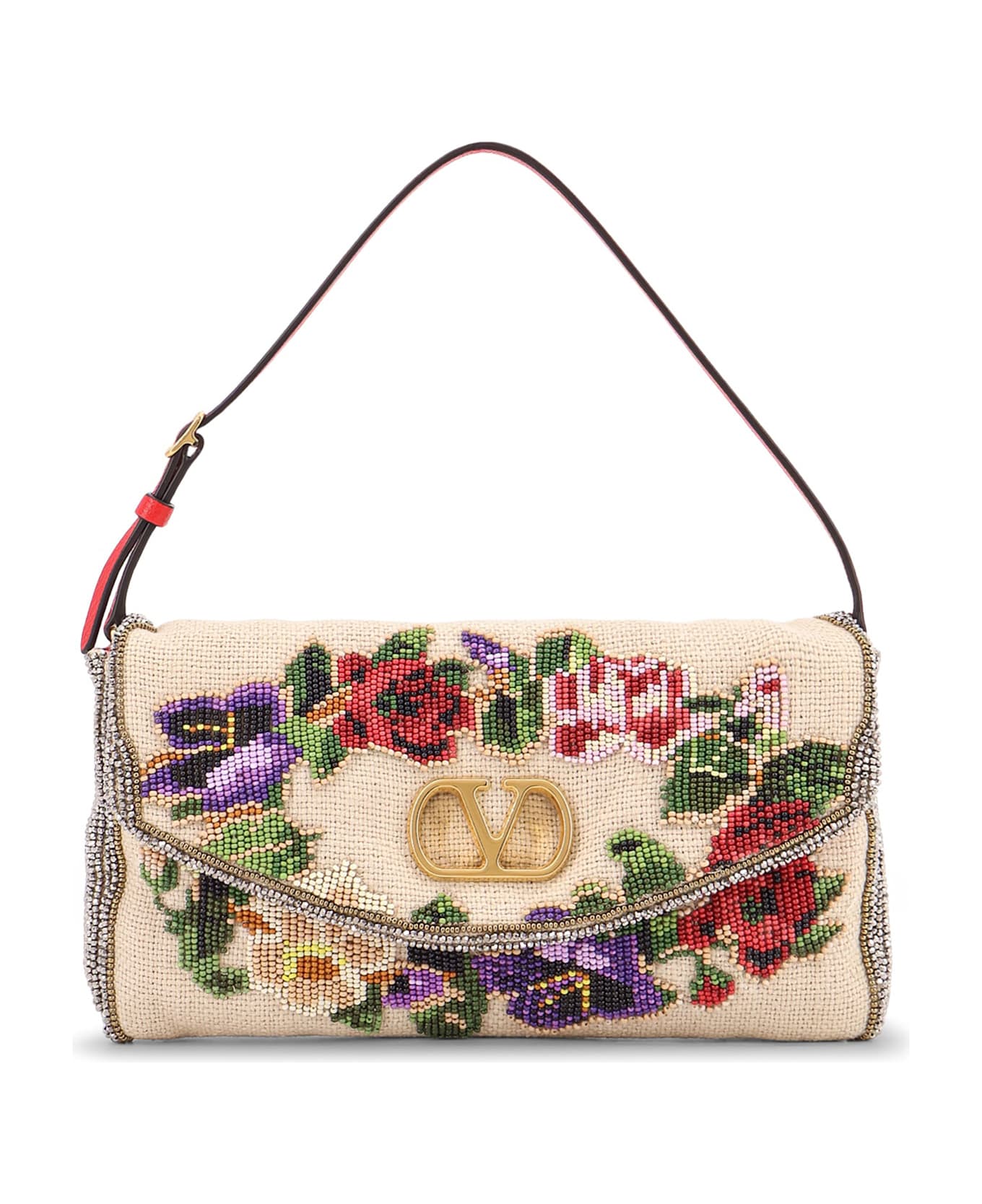Valentino Garavani Vain Soft Beads Embroidered Linen Shoulder Bag - MULTICOLOR-NATURALE/ROUGE PUR