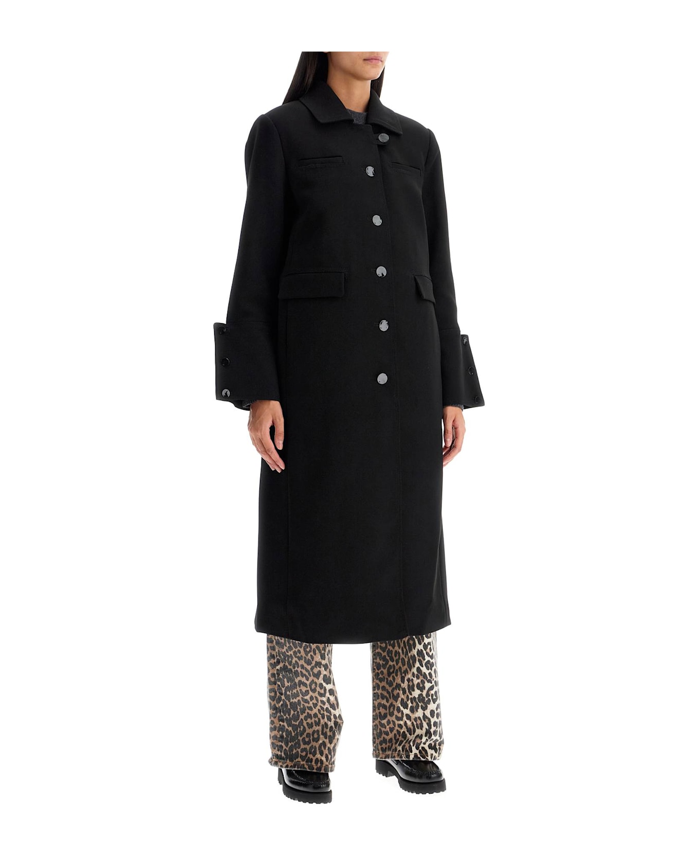 Ganni Long Single-breasted Coat - BLACK (Black)