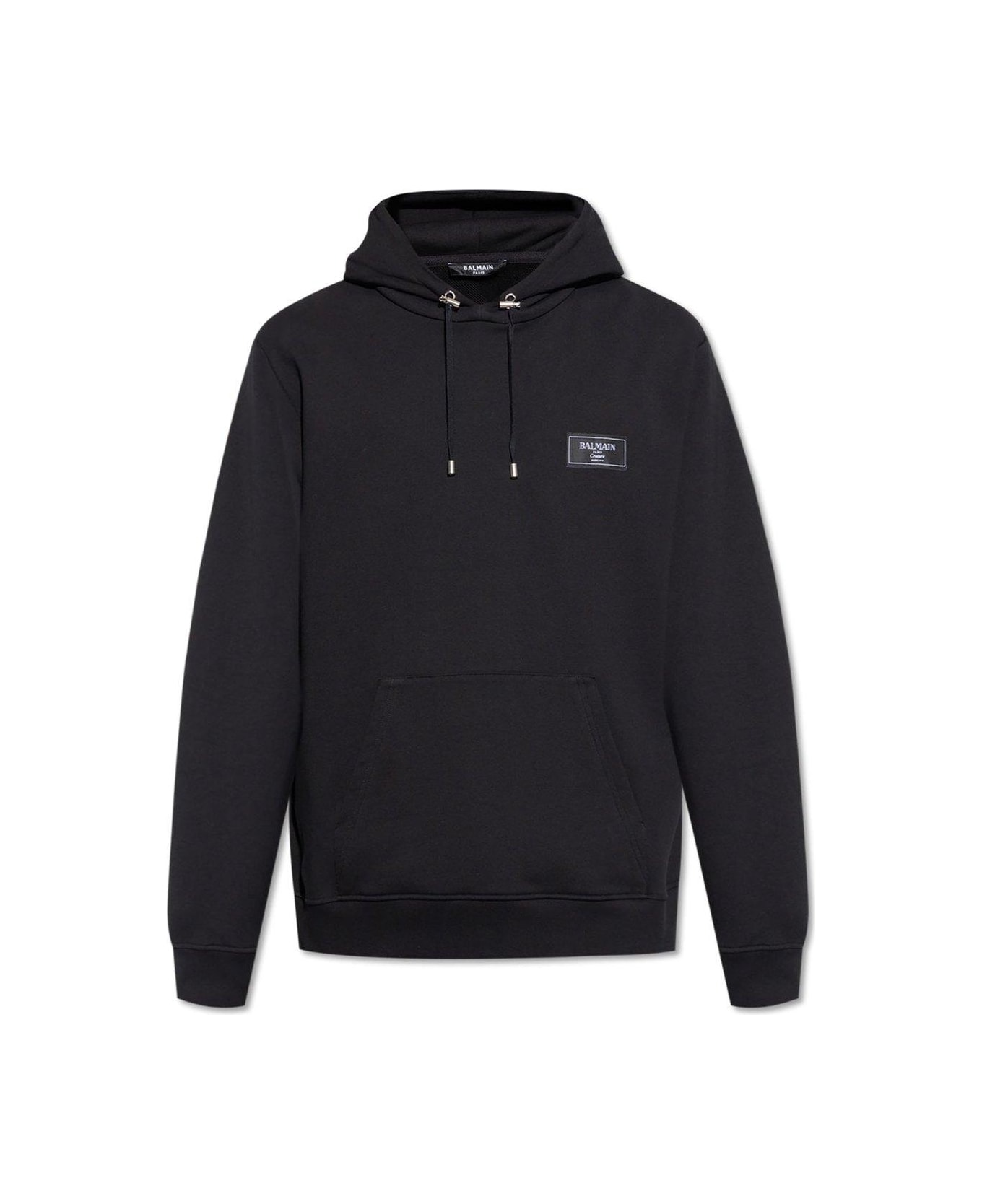 Balmain Logo Patch Drawstring Hoodie - Black