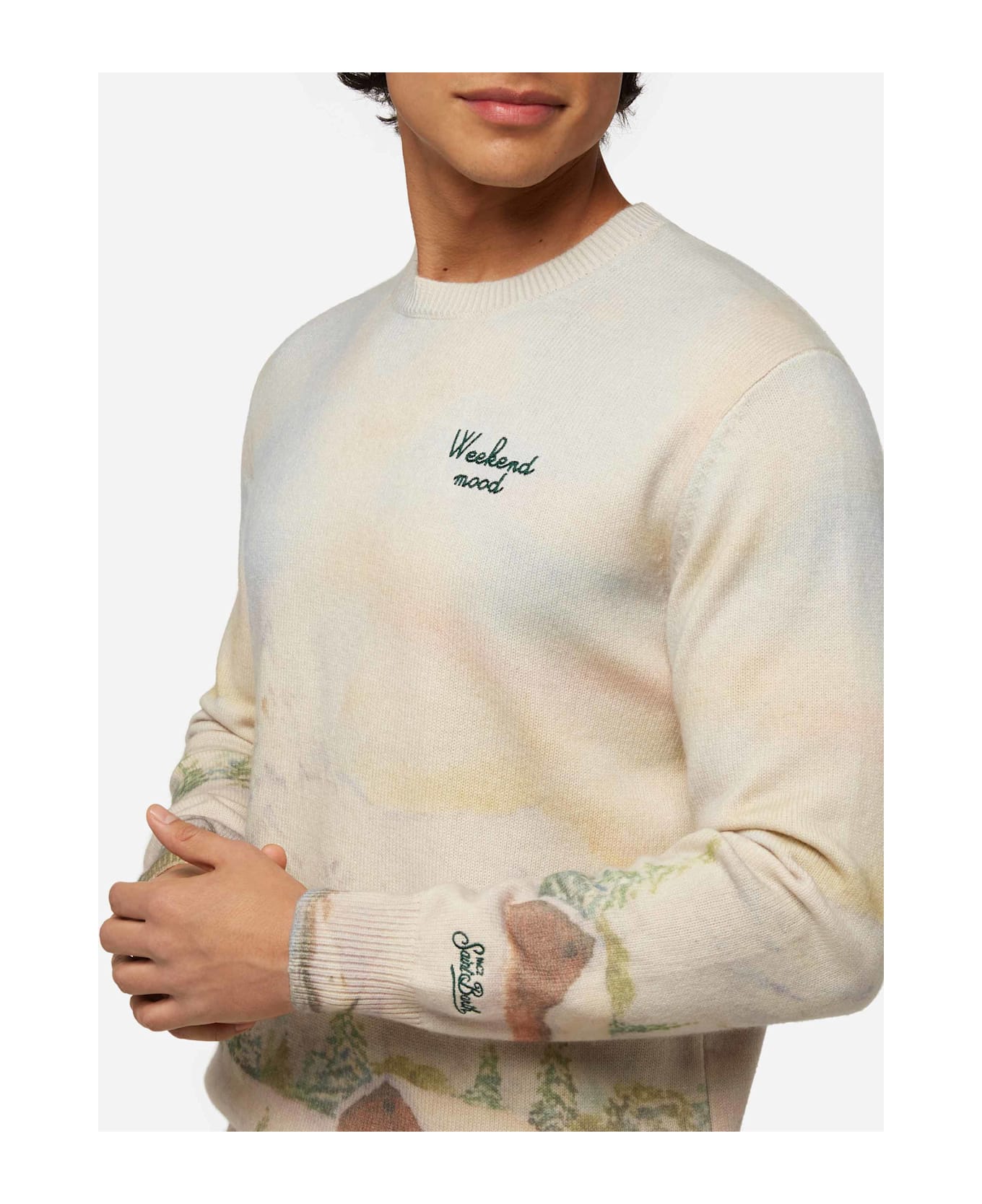 MC2 Saint Barth Crewneck Sweater Heron With Landscape Print And Weekend Mood Embroidery - WHITE