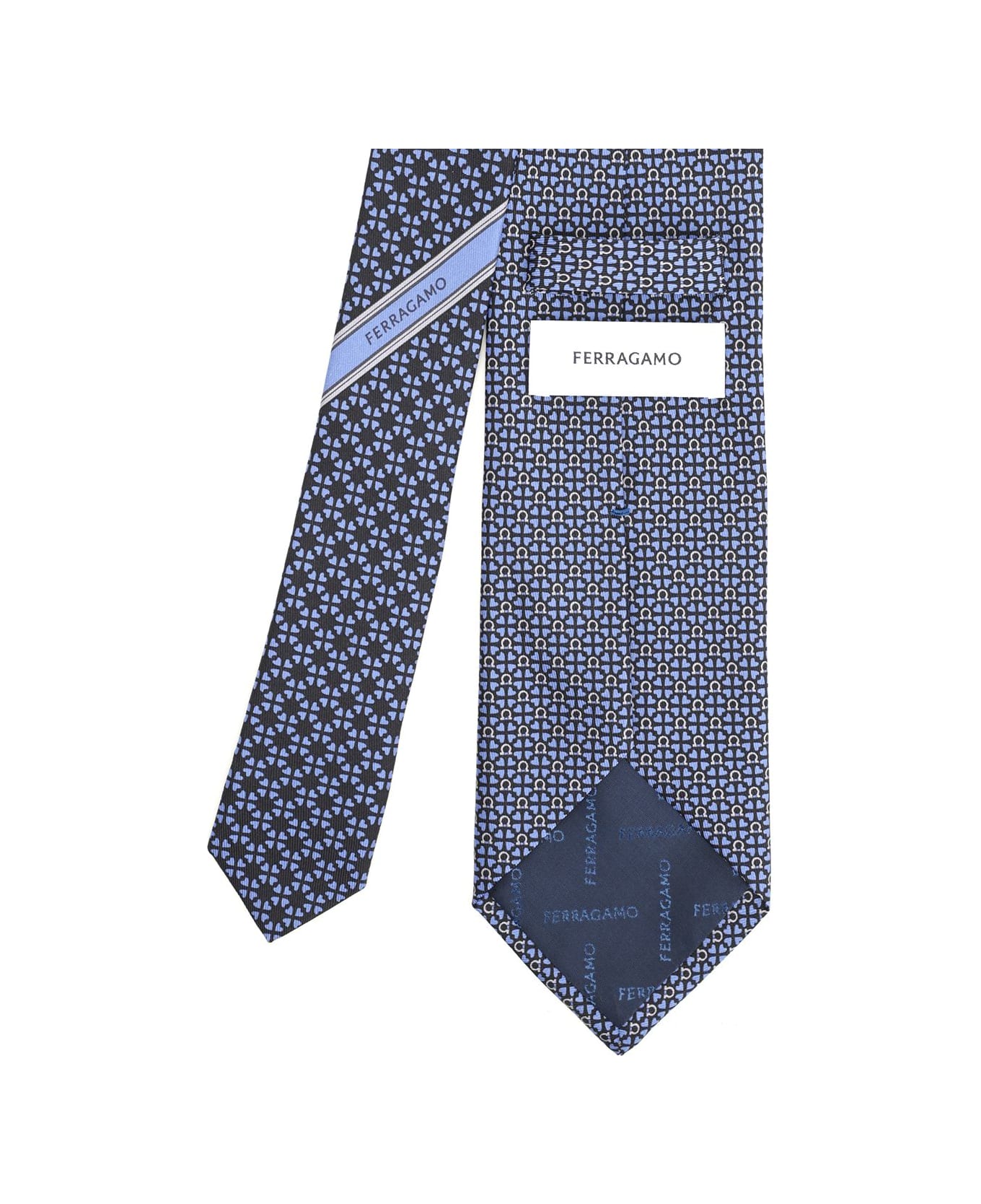 Ferragamo Silk Tie With Gancini And Hearts Print - BLUE