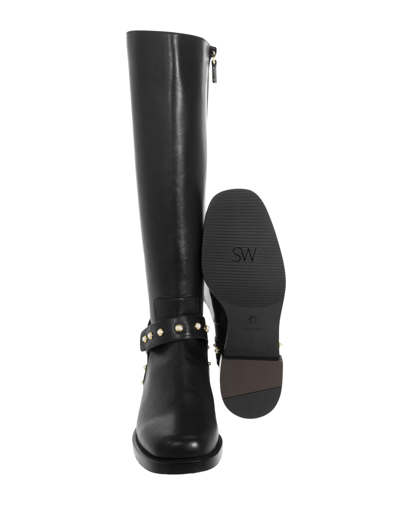 Stuart Weitzman Pearl Moto - Leather Boot With Pearls - Black
