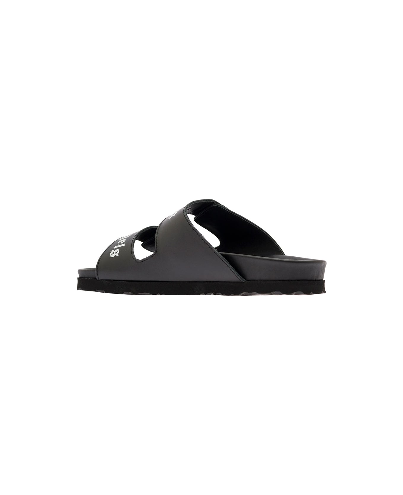 Palm Angels Slides With Logo And Touch Strap In Black Leather Woman - Black