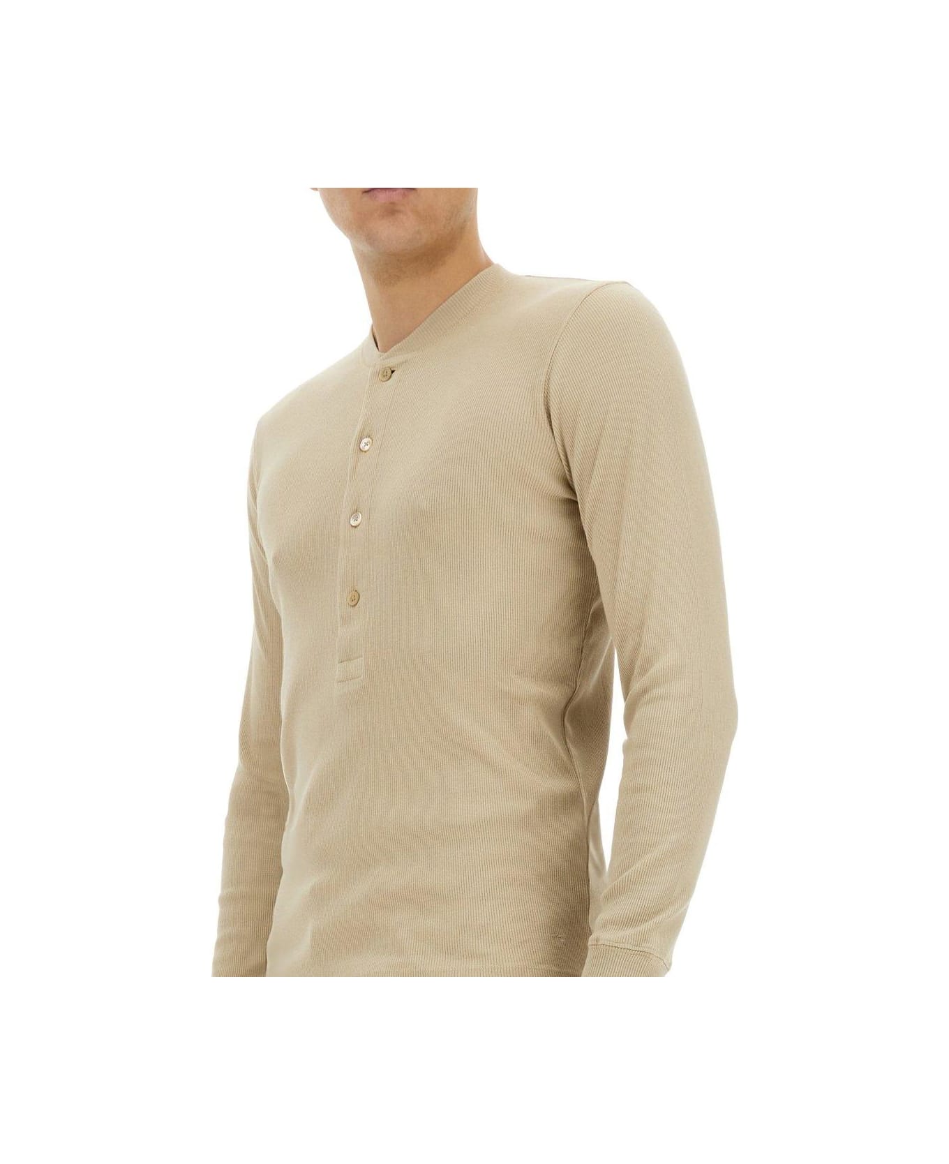 Tom Ford Fine-ribbed Logo Embroidered T-shirt - BEIGE
