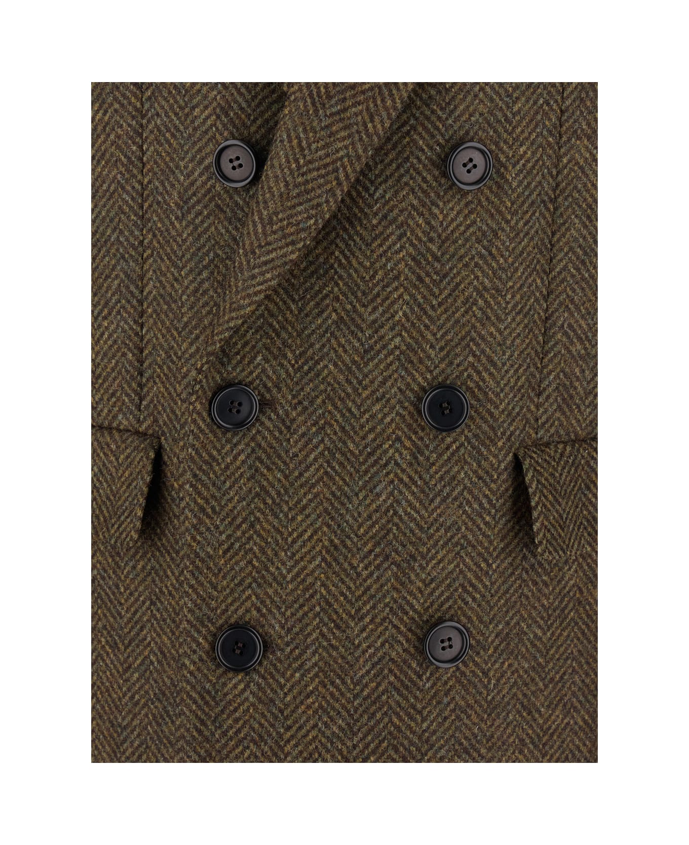 Sunflower Green Double-breasted Coat With Peak Revers And Herringbone Motif In Wool Man - Green
