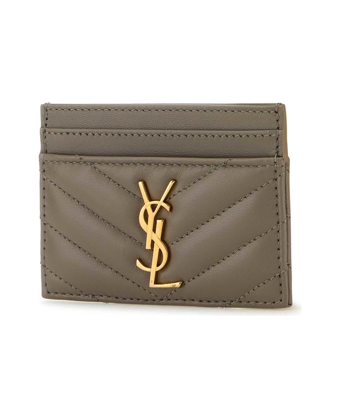 Saint Laurent Dove Grey Nappa Leather Cassandre Card Holder - GREYISHBROWN