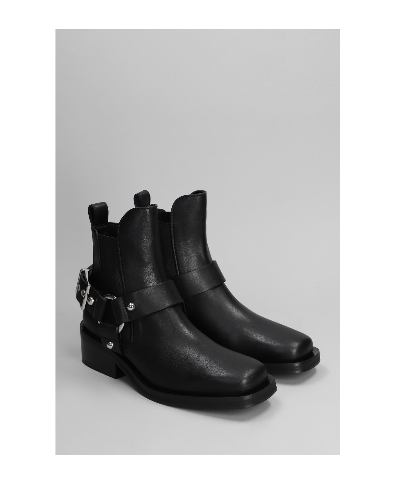 Ganni High Heels Ankle Boots In Black Leather - Black ブーツ