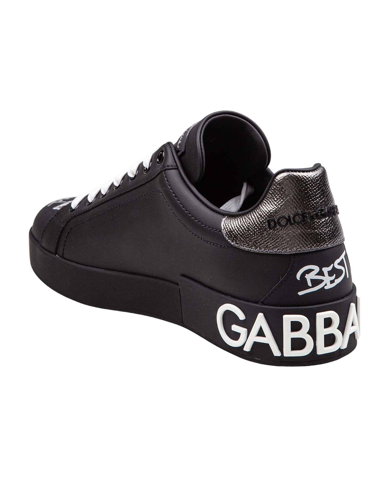 Dolce & Gabbana Portofino Leather Sneakers With Embroidery And Patches - Black / Silver