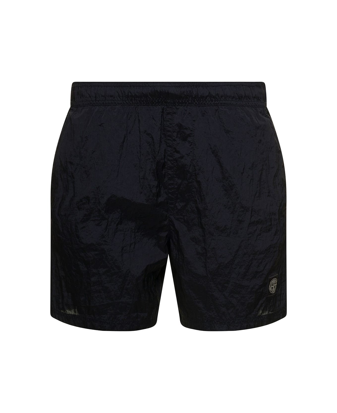 Stone Island Black Crinked Swim Trunks With Logo Patch In Polyamide Man