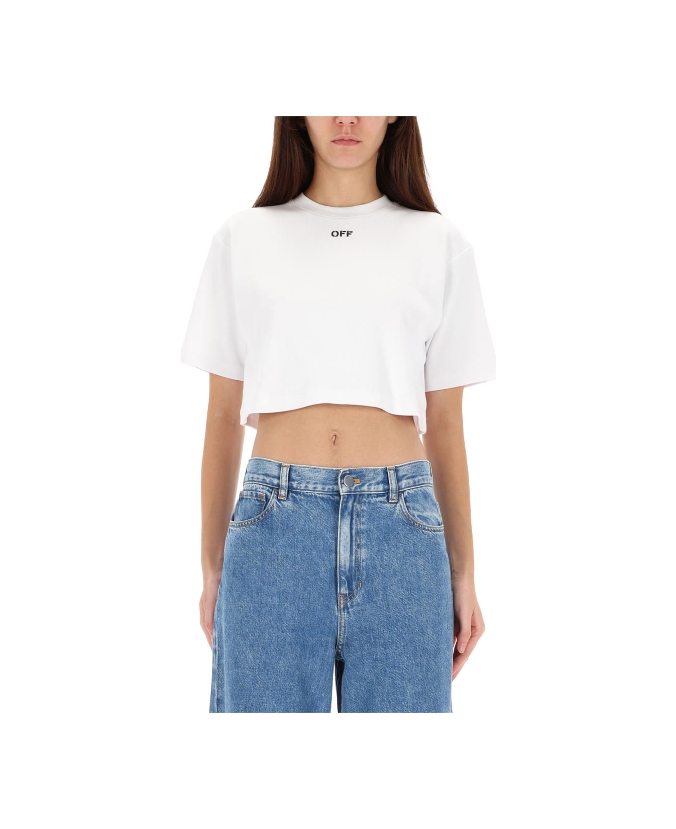 Off-White Ribbed Cropped T-shirt - WHITE