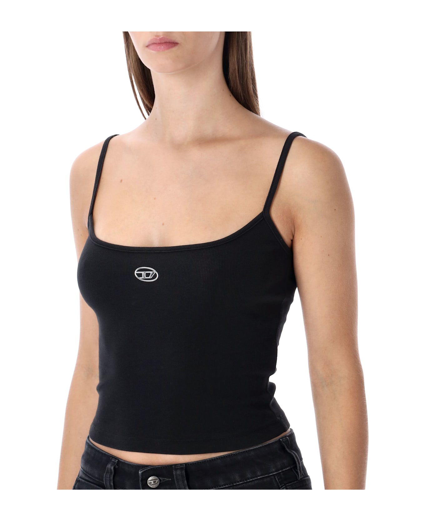 Diesel Ribbed Stretch Cotton Top With Metallic Oval D Logo - BLACK