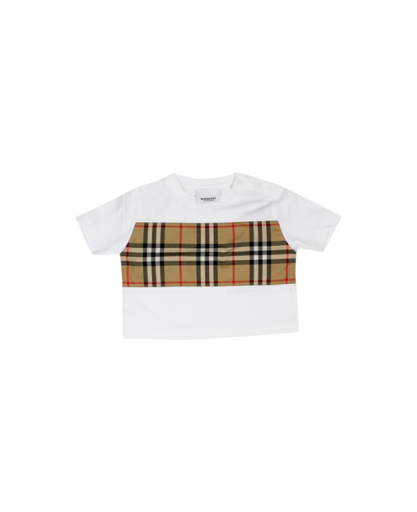 Burberry Crew Neck T-shirt With Buttons On The Neck In Cotton Jersey With Grau Check Motif Application On The Front - White