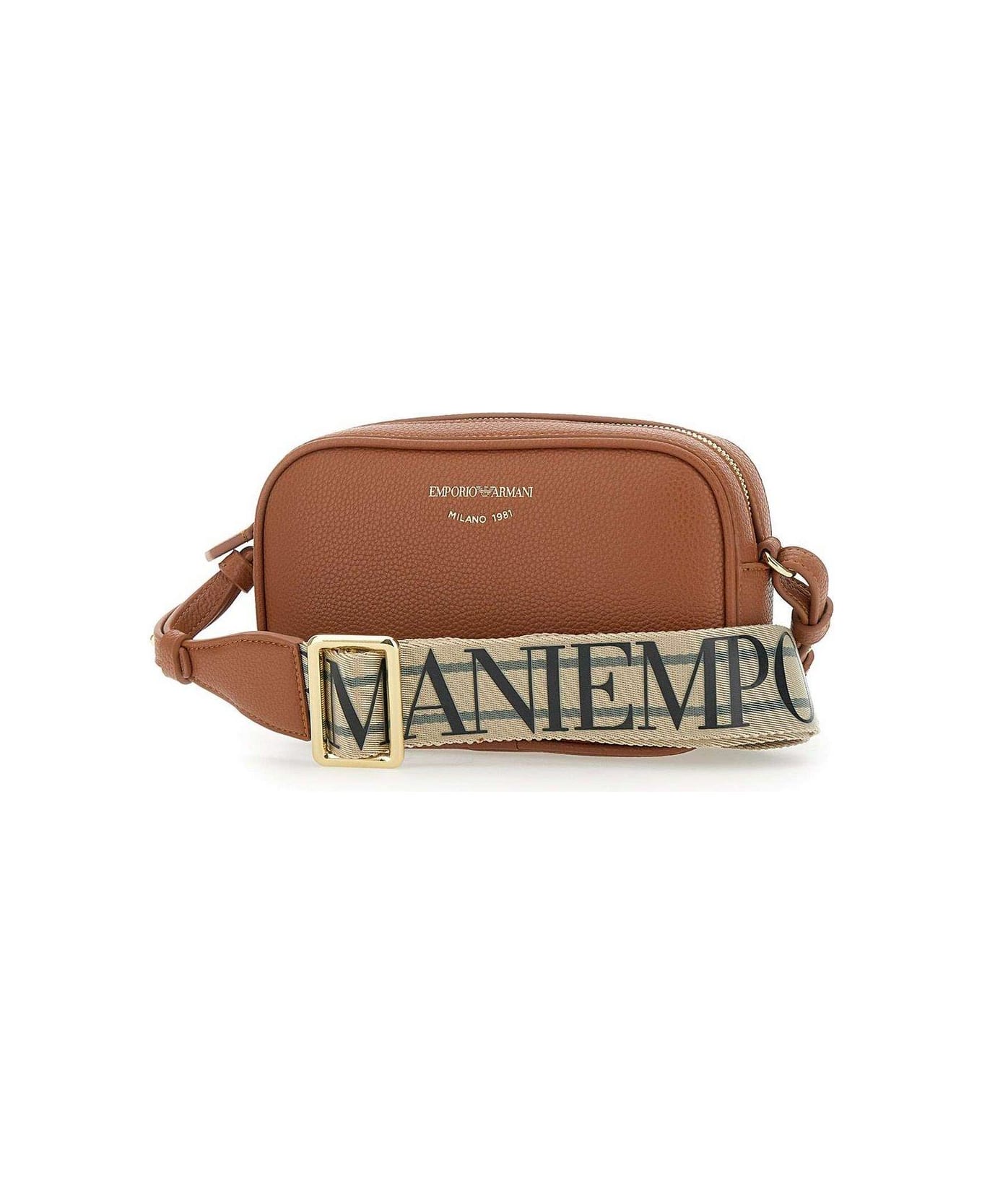 Emporio Armani Logo Detailed Zip-up Crossbody Bag - Leather Brown