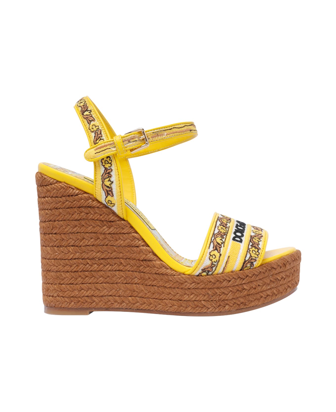 Dolce 
Gabbana Maiolica Print Logo Charmeuse Wedged Sandals - Yellow