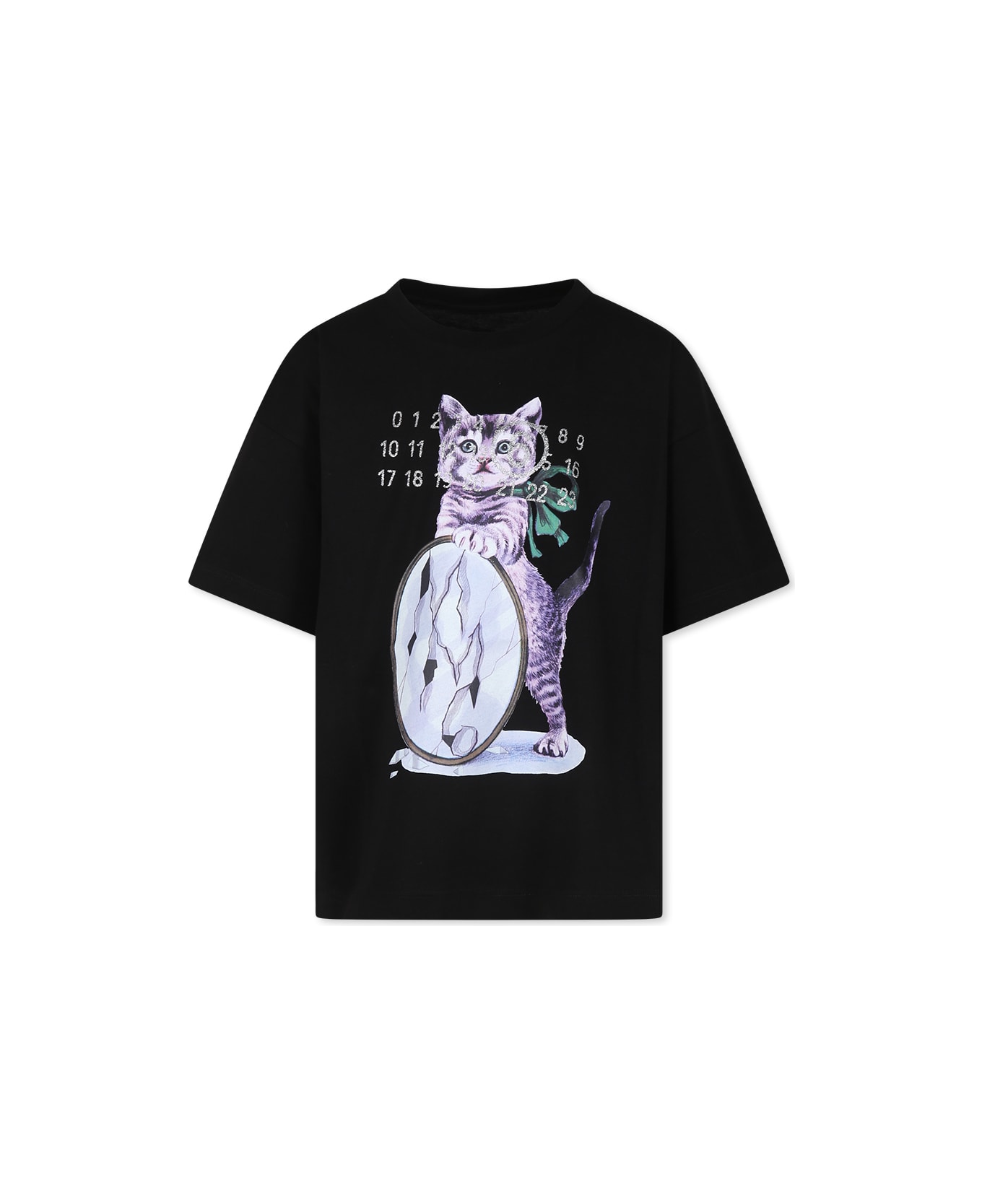 MM6 Maison Margiela Black T-shirt For Girl With Cat Print And Numbers - Black