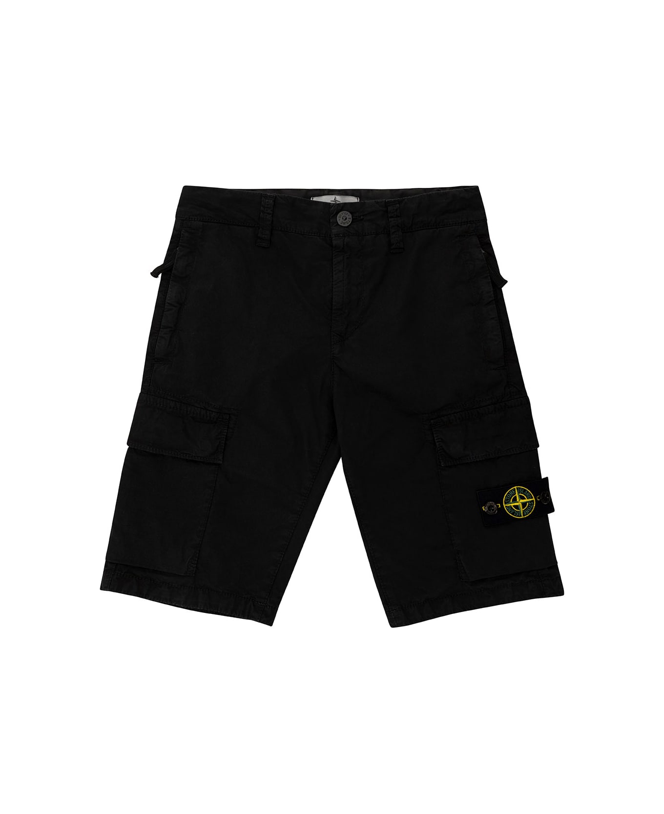 Stone Island Junior Black Bermuda Shorts With Logo Patch In Stretch Cotton Boy - Black