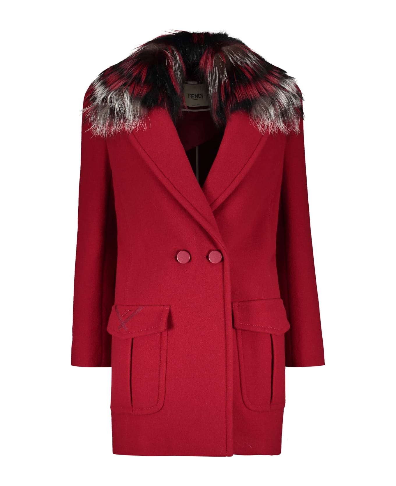 Fendi Virgin Wool Coat With Fox Fur - red