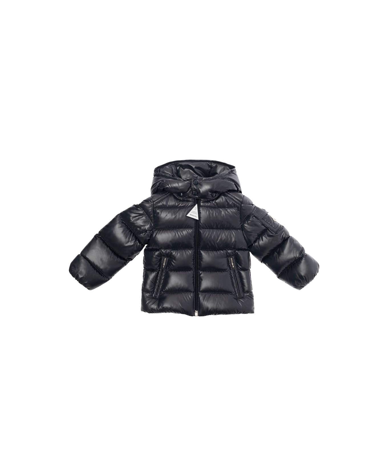 Moncler 'maya' Black Down Jacket With Hood And Logo Patch On The Sleeve In Tech Fabric Baby - Blu