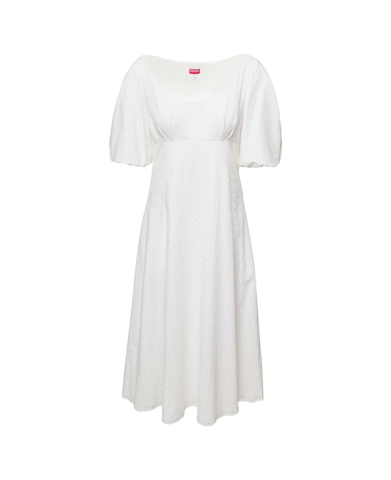 Kenzo White Puff Sleeve Embroidered Midi Dress In Cotton Woman - White