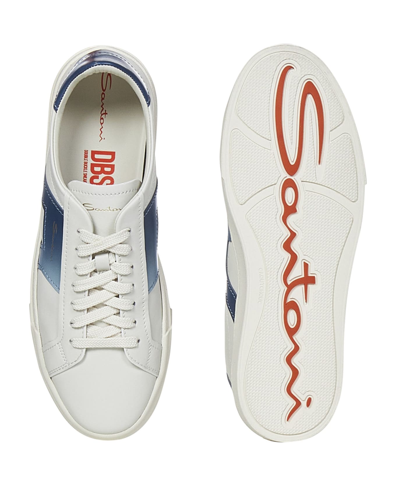 Santoni White And Blue Leather Buckle Sneakers - Blue