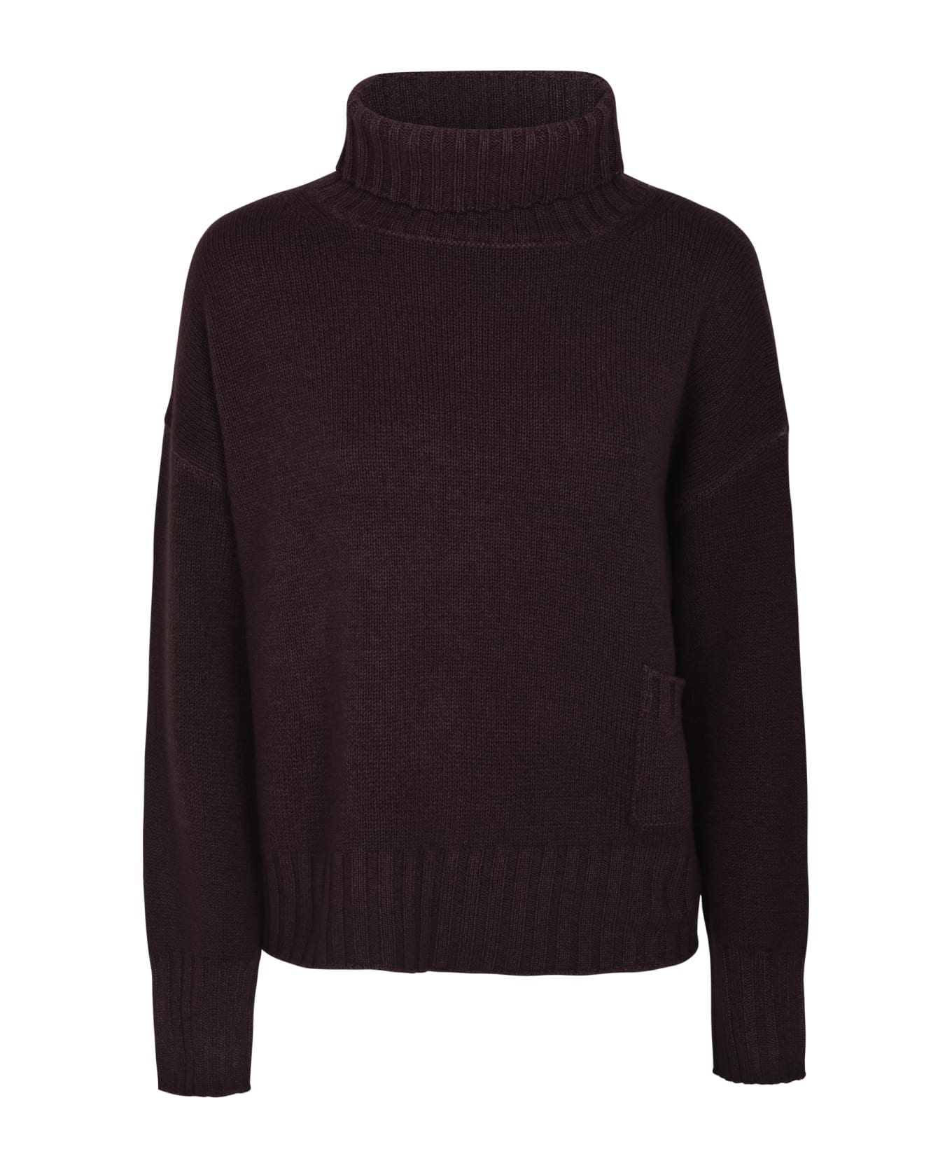 Base Patched Pocket High Neck Ribbed Sweater - Prune