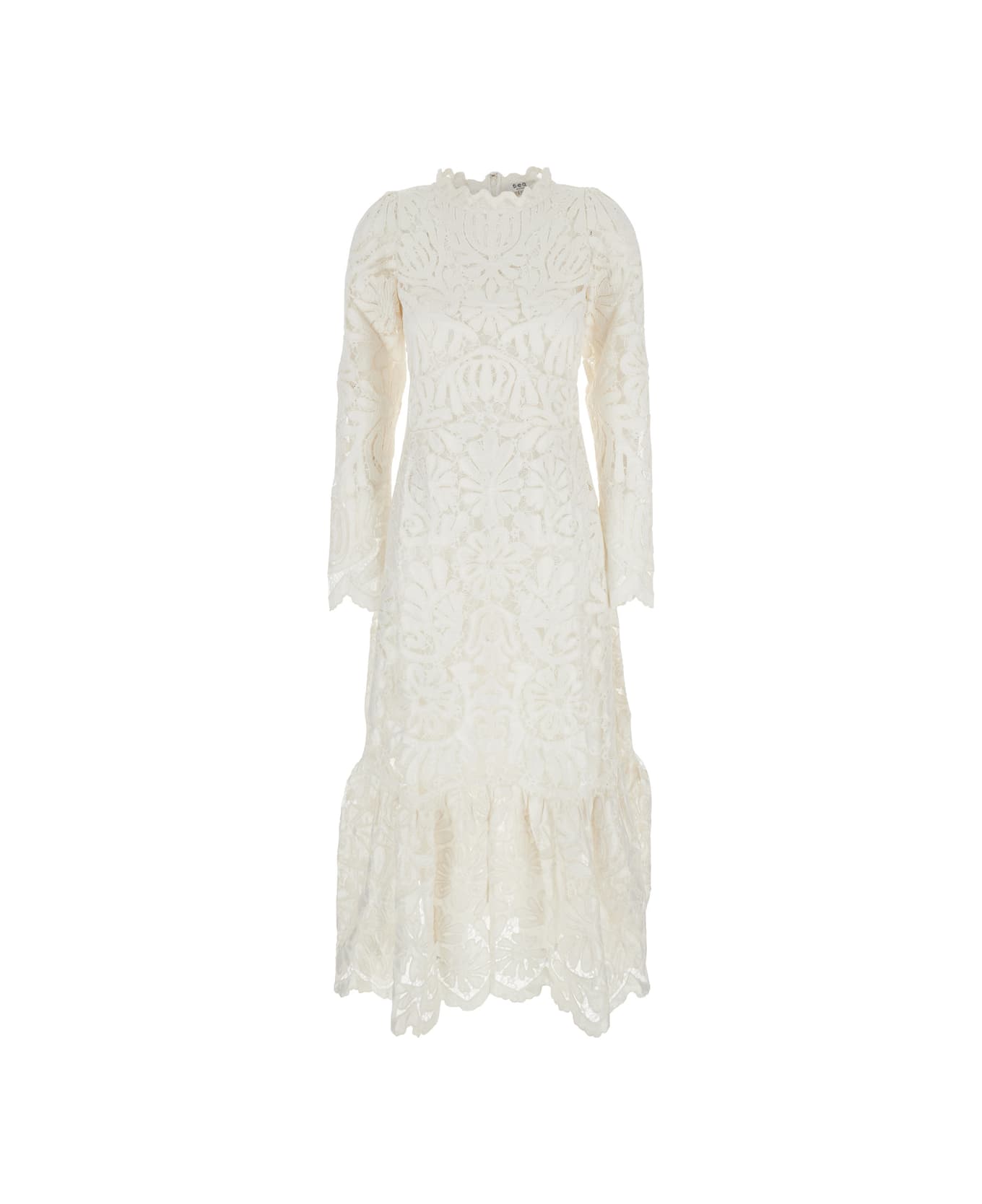 Sea New York 
agathe Applique
 White Crewneck Long Dress With Asymmetric Hem In Tech Fabric Woman - WHITE