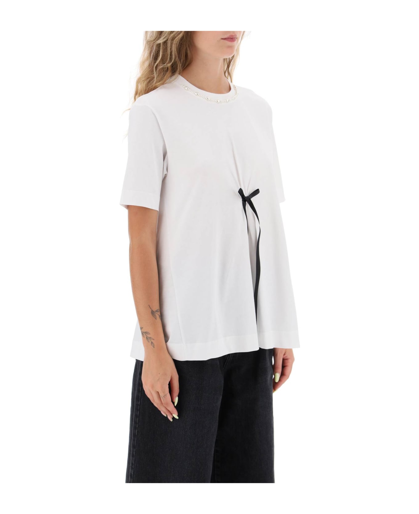 Simone Rocha A-line T-shirt With Bow Detail - WHITE BLACK PEARL (White) ポロシャツ