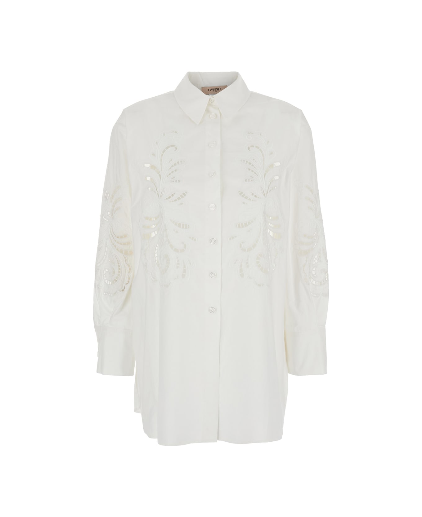 TwinSet White Shirt With All-over Lace Embroidery In Cotton Woman - White