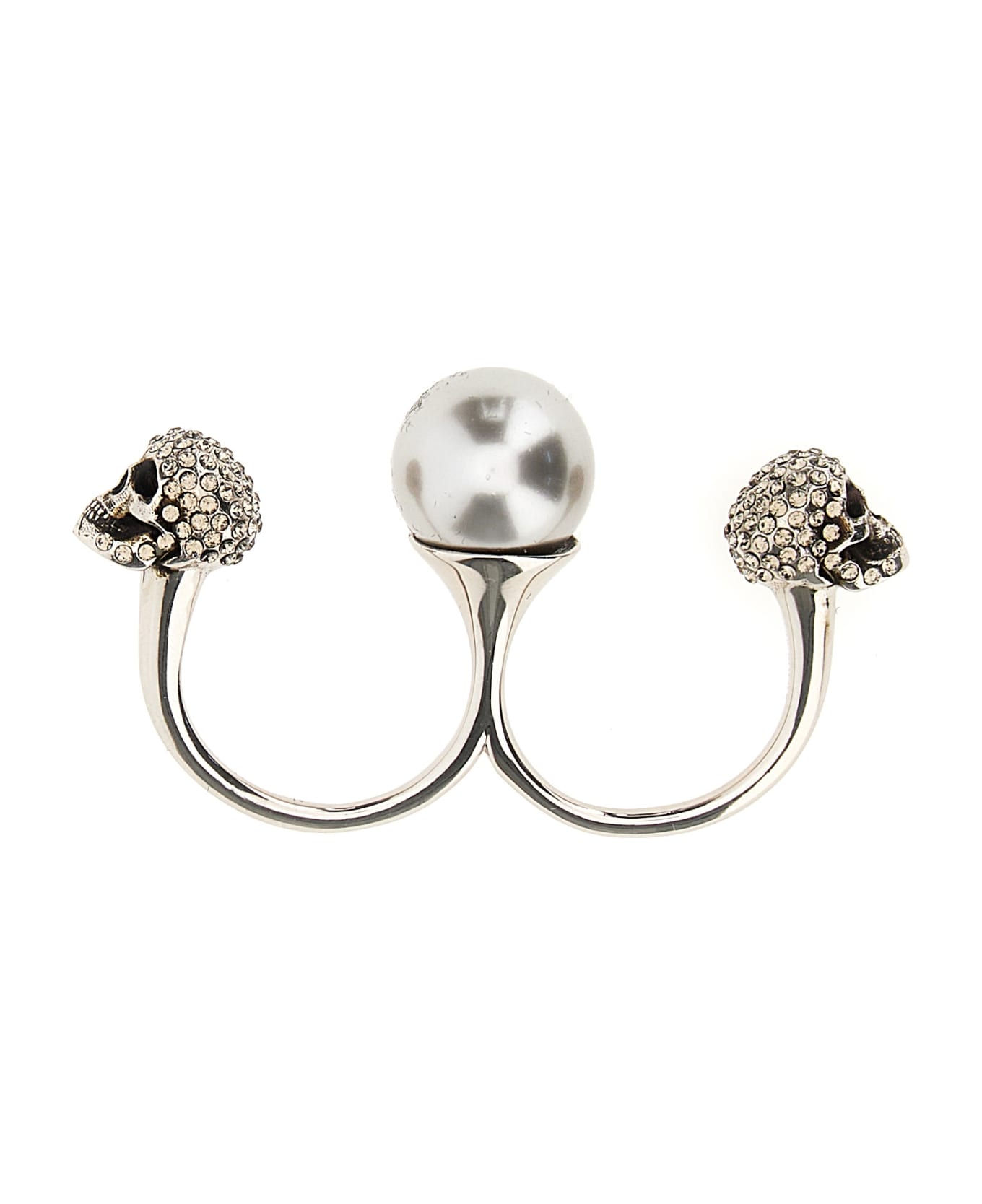 Alexander McQueen Antiqued Silver Double Pearl Skull Ring - Argento