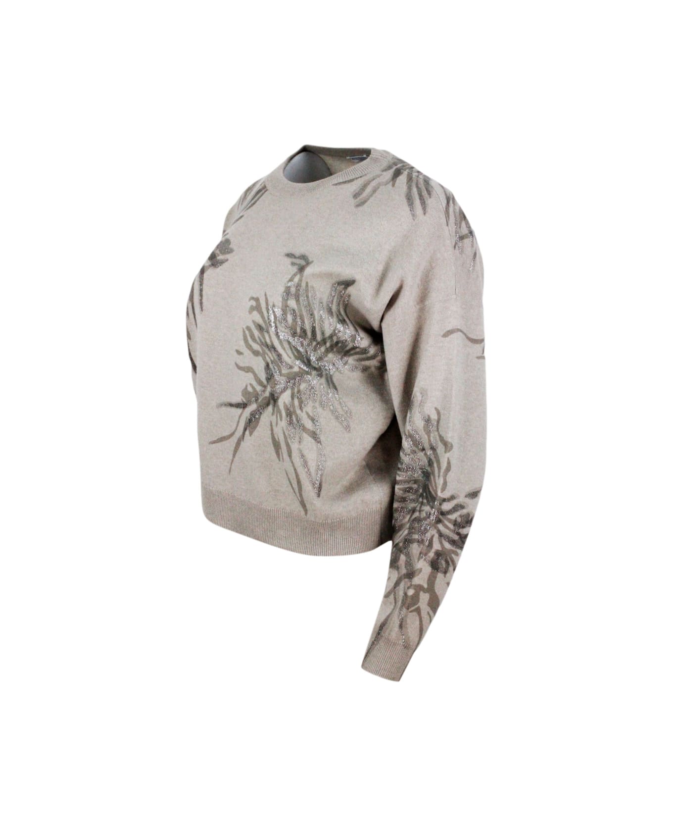 Brunello Cucinelli Long-sleeved Round-neck Wool, Silk And Cashmere Sweater With Flower Print Embellished With Lurex - Nut フリース