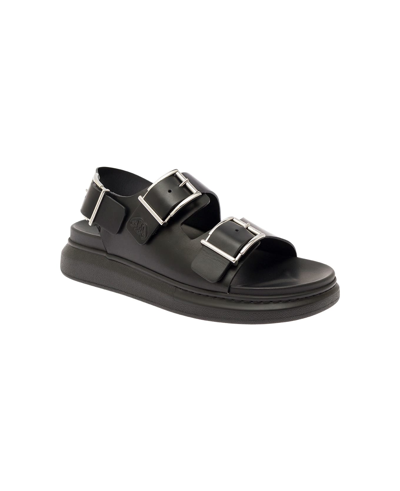 Alexander McQueen Black Slide Sandals With Embossed Logo In Leather Man - Black