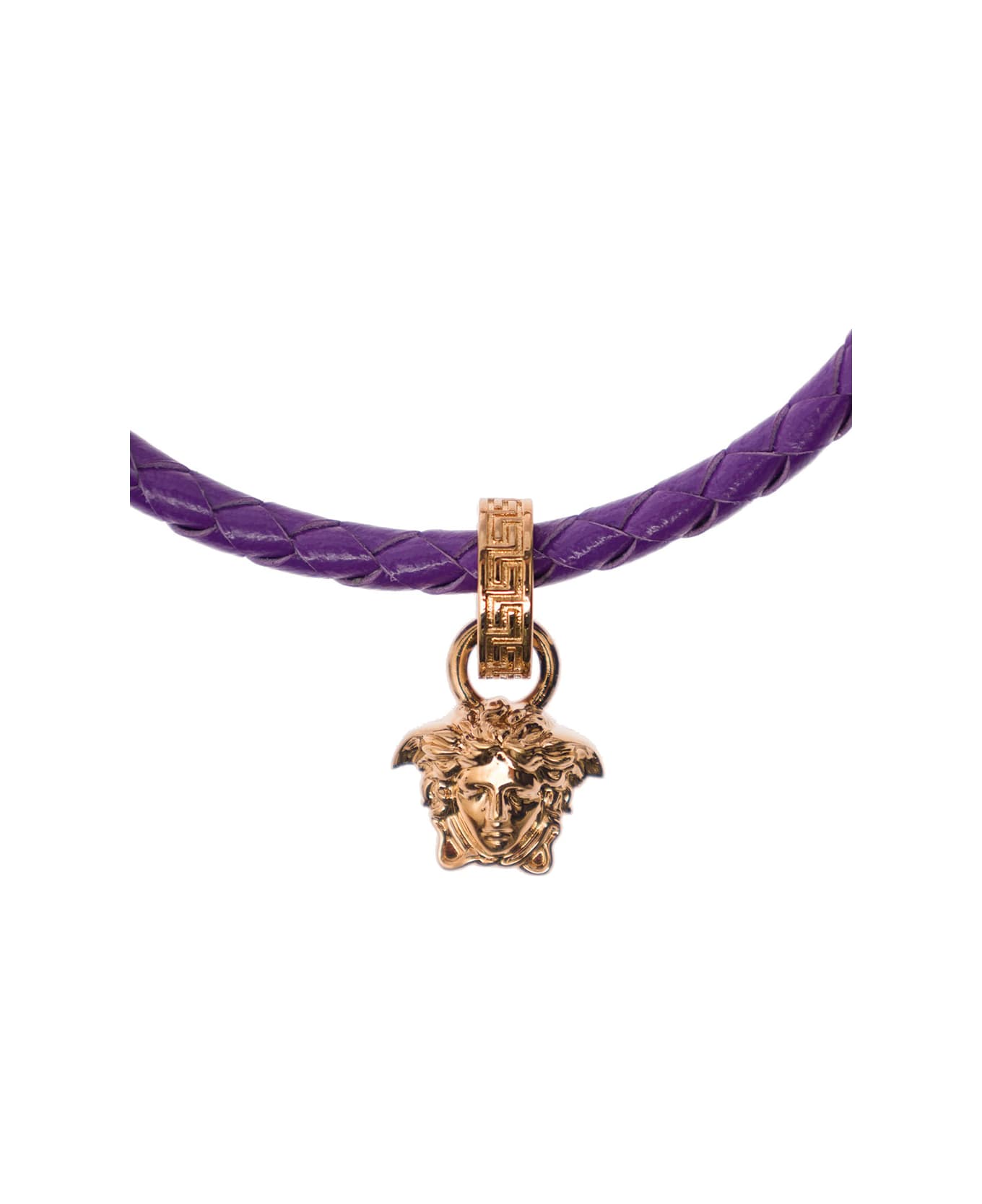Versace Medusa Plaque Detail Bracelt In Gold-tone Brass And Purple Leather Woman - Violet
