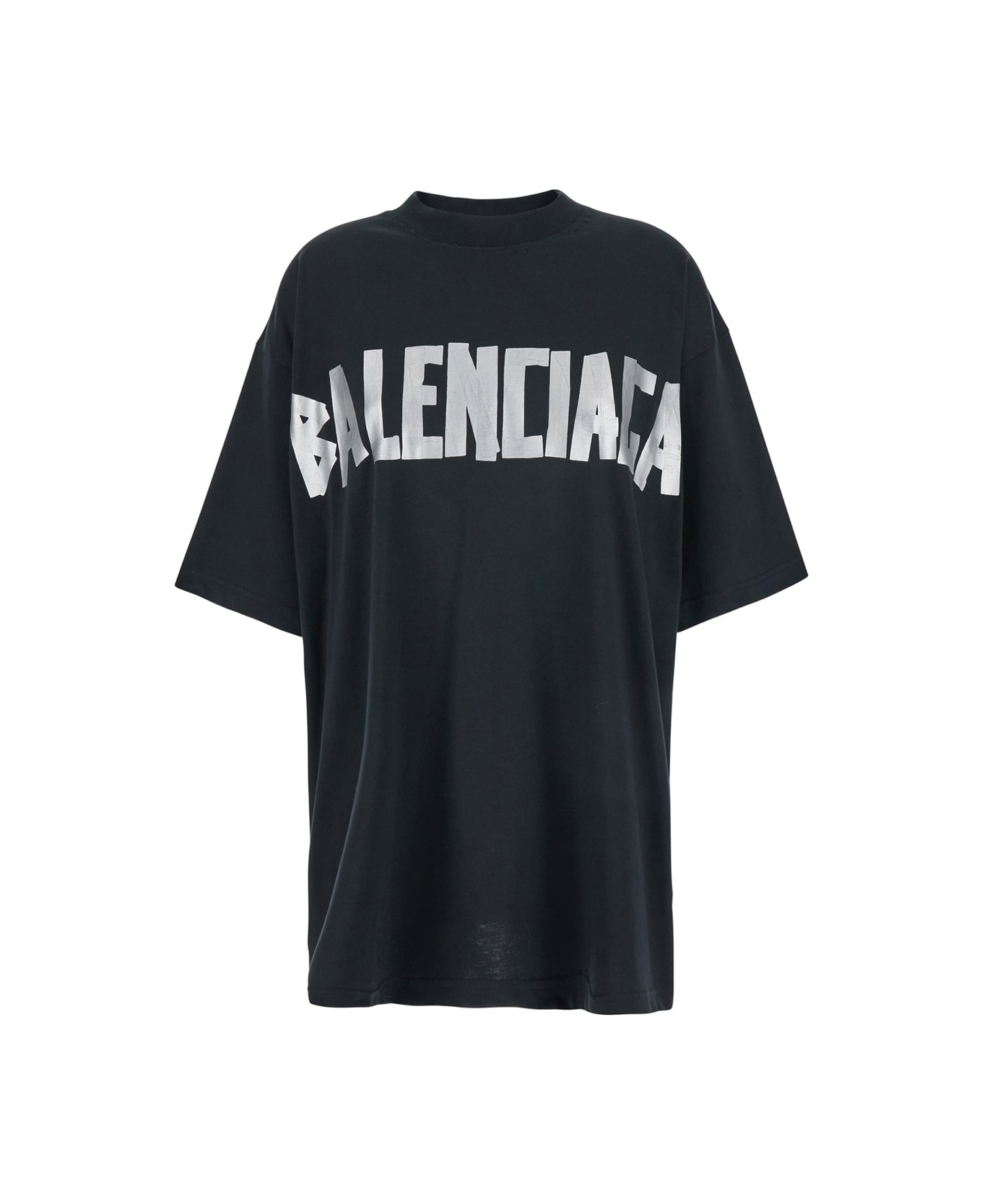 Balenciaga Oversized Black T-shirt With Contrasting Tape Type Logo In Cotton Woman - Black