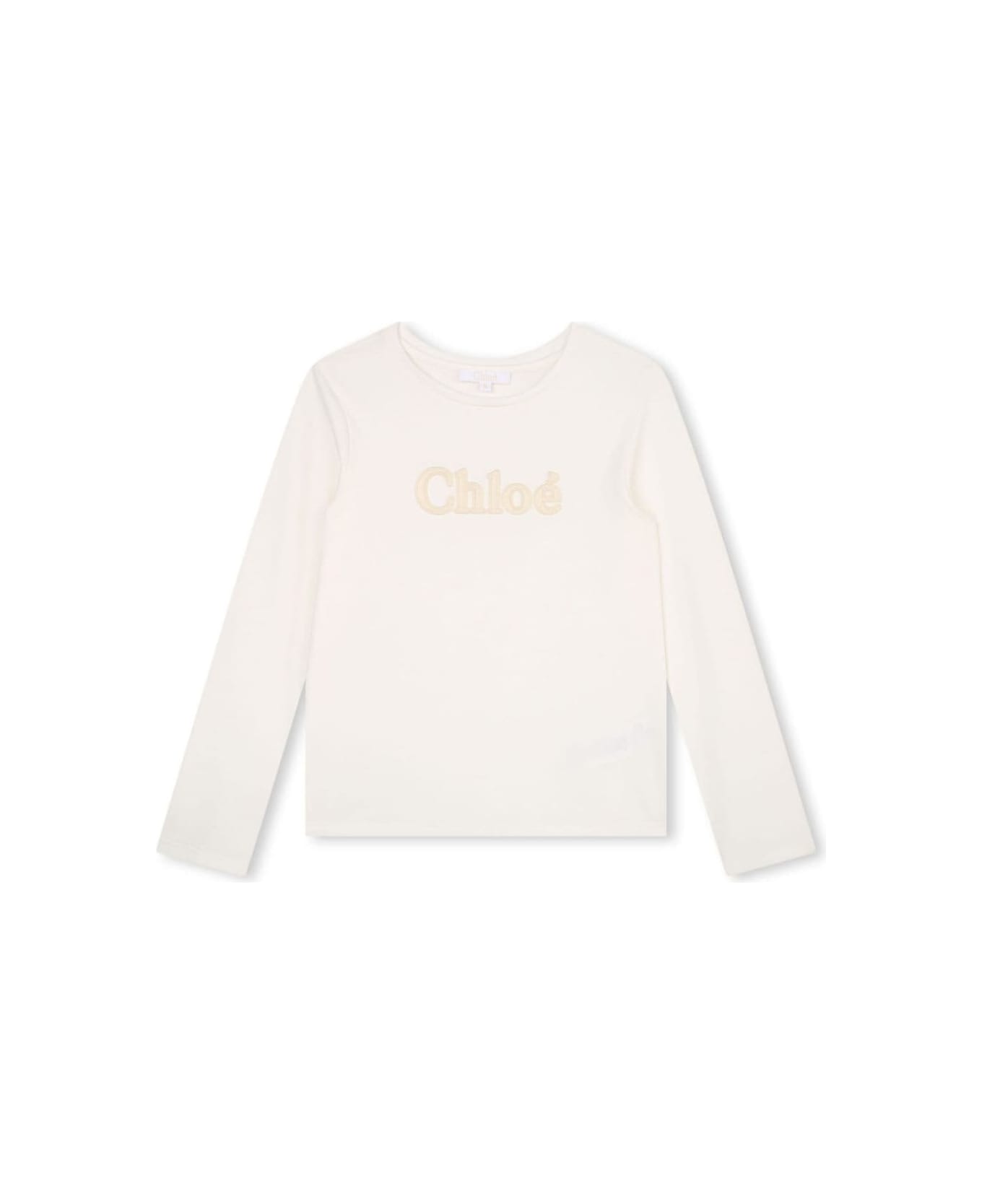 Chloé White Long-sleeve T-shirt With Embroidered Patch Logo In Cotton Girl - White