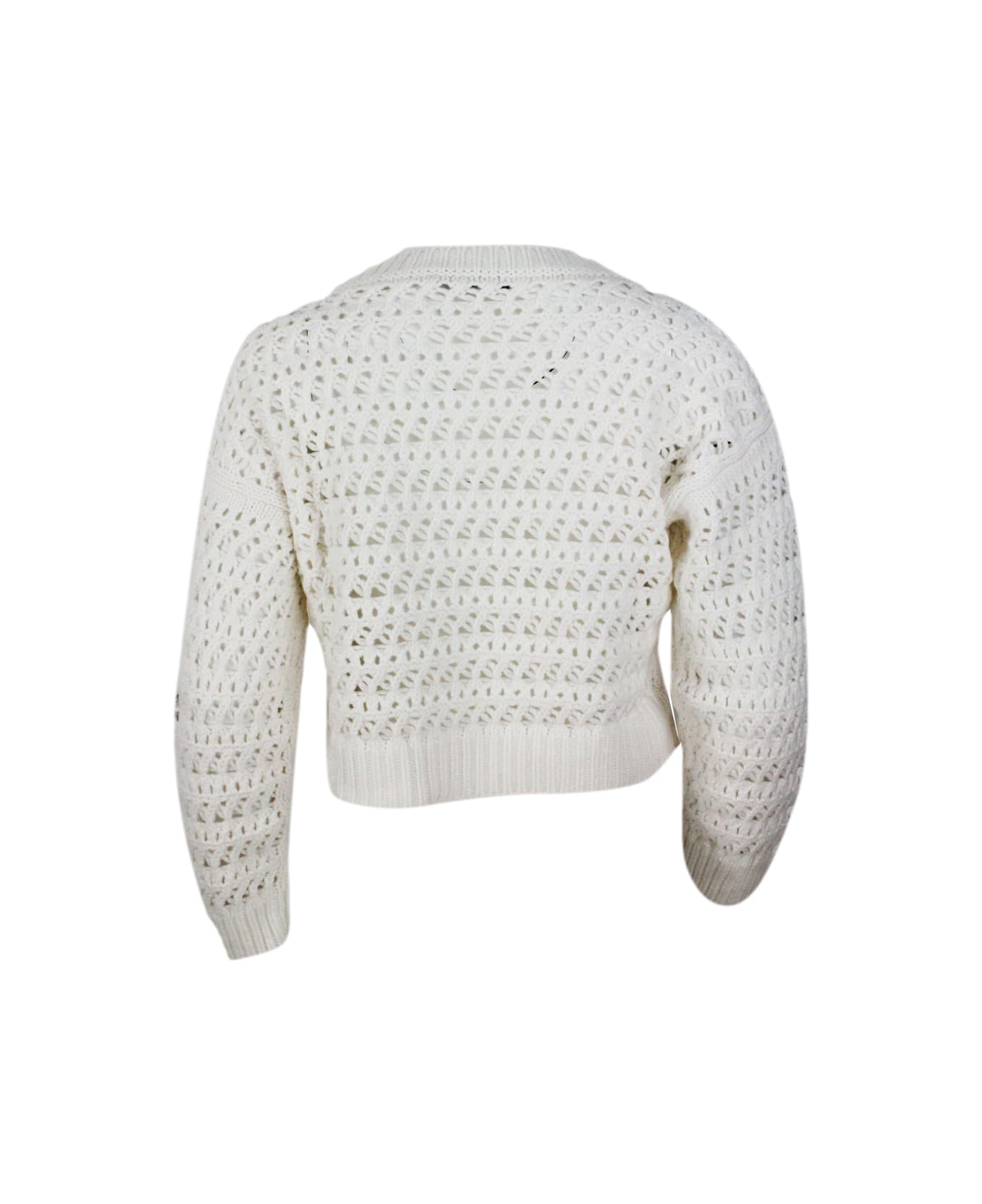 Fabiana Filippi Long-sleeved Round-neck Sweater In Platinum Wool, Silk And Cashmere Yarn With Embroidery And Chain Of Brilliant Jewels On The Front - cream