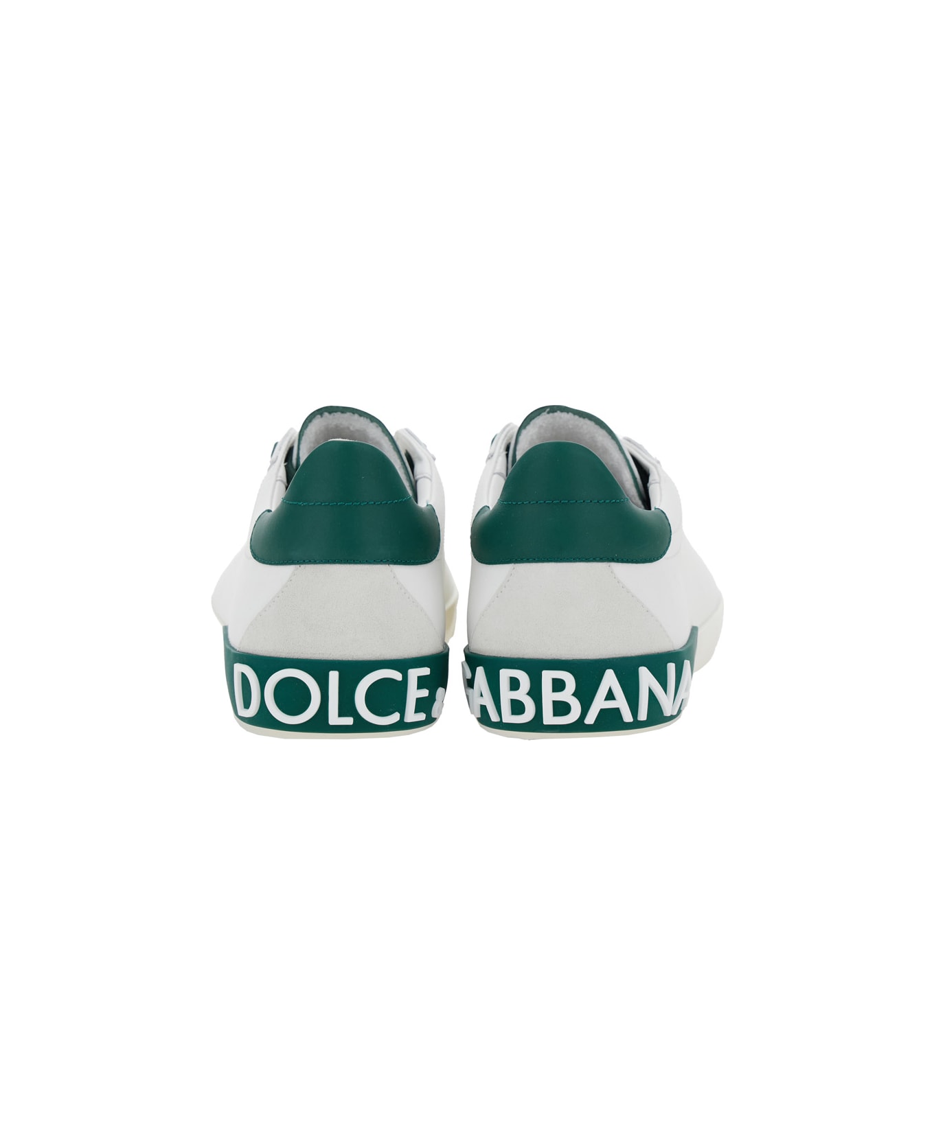 Dolce & Gabbana 'portofino' White And Green Low Top Sneakers With Logo Lettering On Tongue And Rear In Leather Man - White