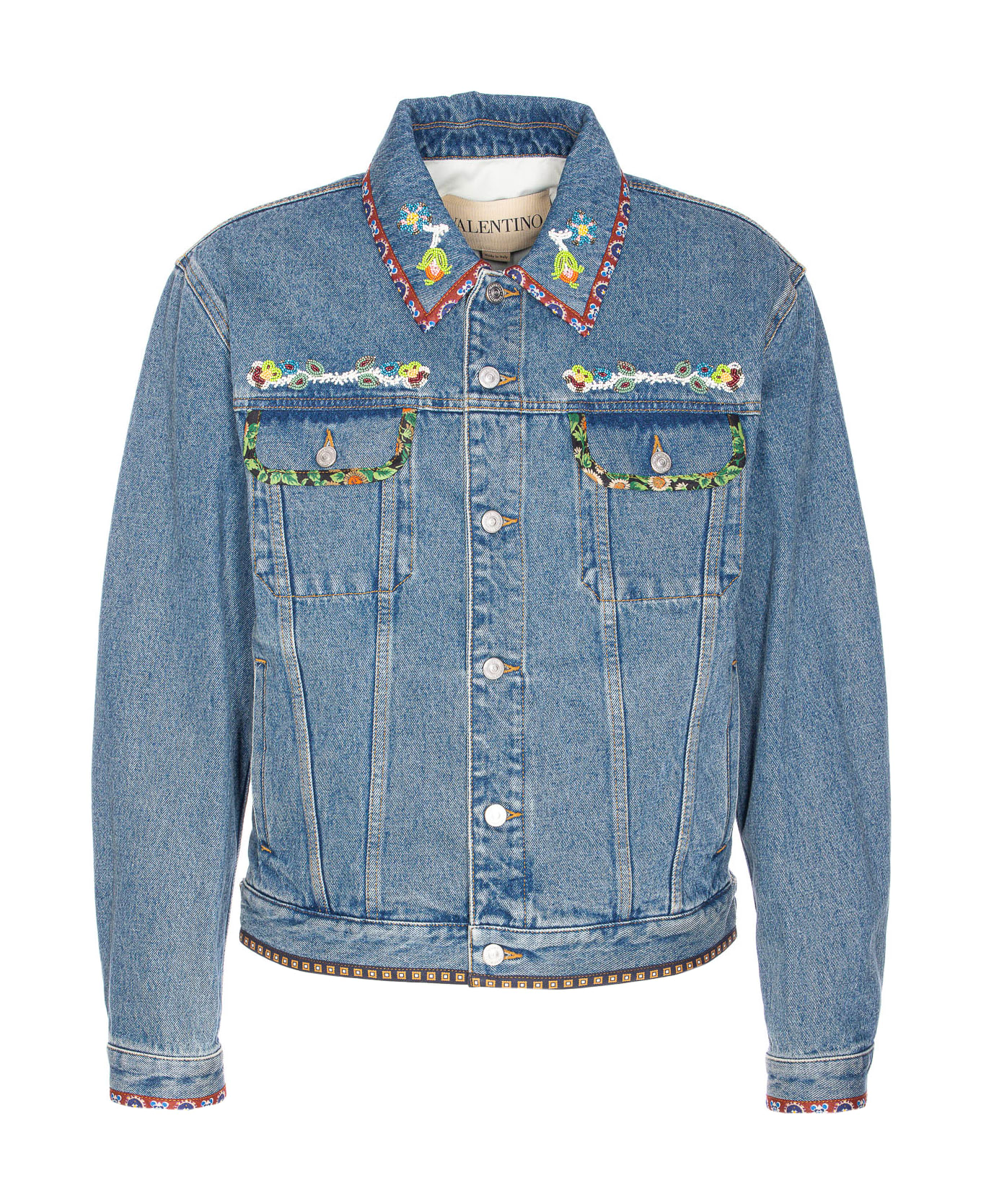 Valentino Garavani Beaded Embroidery And Printed Edges Denim Jacket - Blue