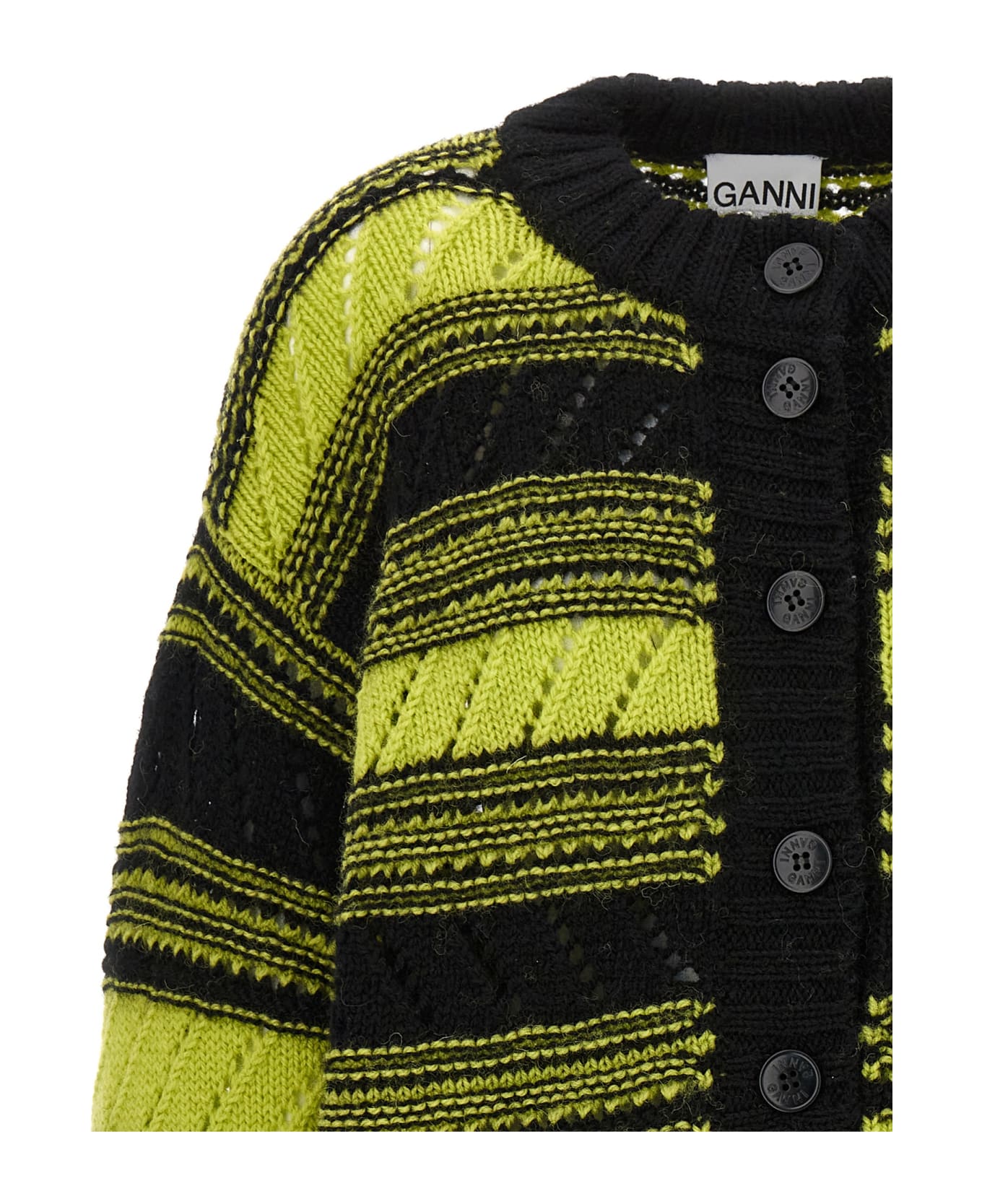 Ganni Yellow And Black Wool Cardigan - Multicolor