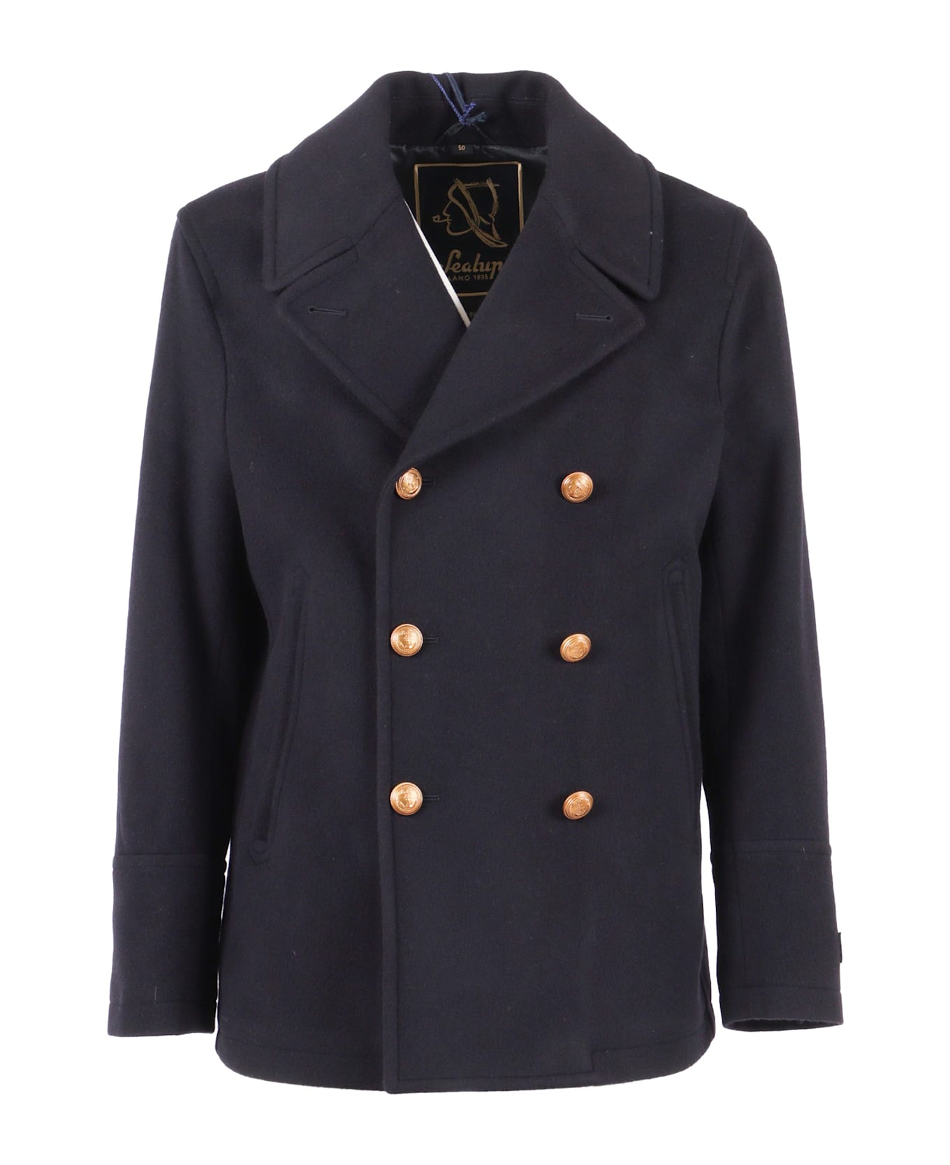 Sealup Amalfi Cashmere Blend Peacoat, Brass Buttons, Hand-embroidered Anchor On The Cuff, Light Wadding Padding - BLUE