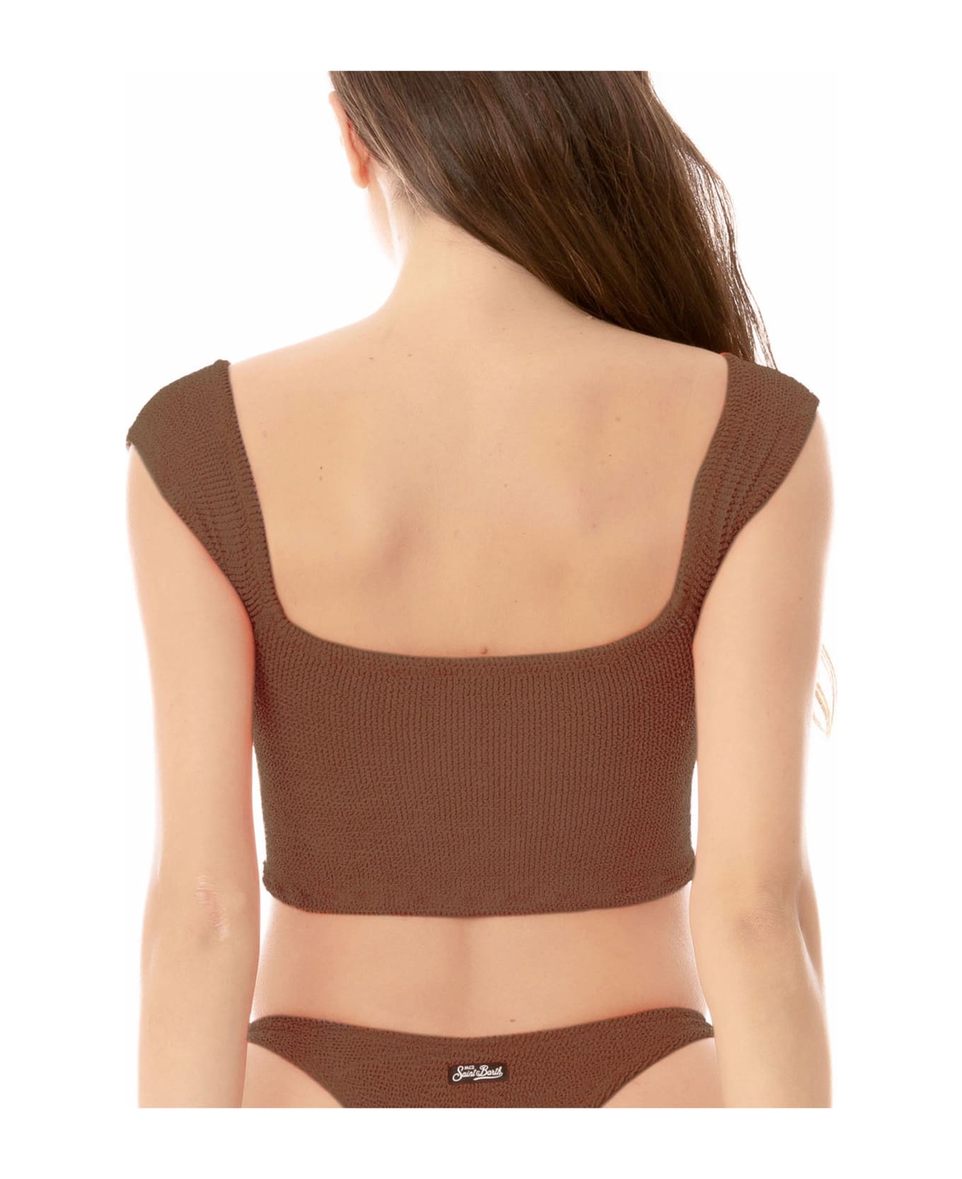 MC2 Saint Barth Woman Crinkle Wide Shoulder Strap Top Swimsuit - BROWN